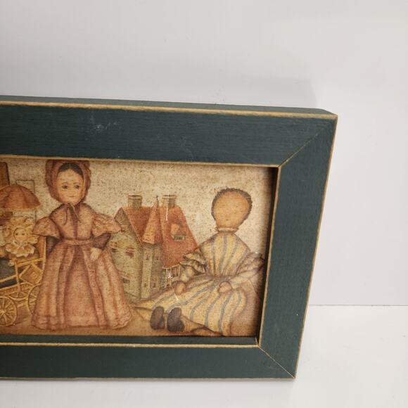 Primitive Dolls Print Framed 8" X 4.5" Doll Collector Folk Art Green Aged Frame - Picture 3 of 7